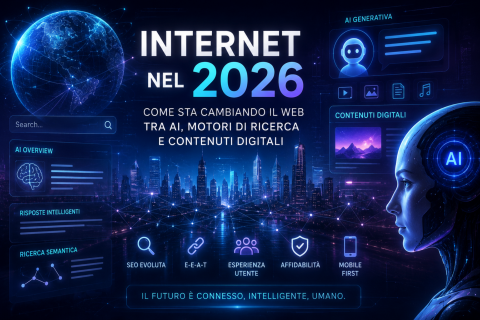 Internet nel 2026 tra AI, motori di ricerca evoluti, SEO semantica e contenuti digitali futuristici con interfaccia tecnologica avanzata
