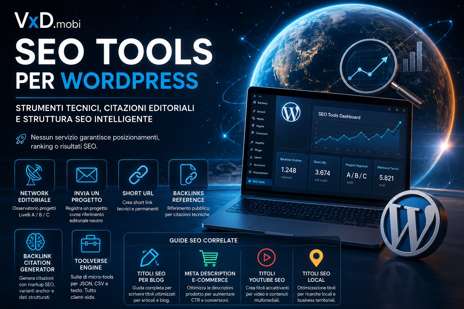 SEO Tools per WordPress di VxD.mobi con dashboard SEO futuristica, Network Editoriale, backlink citation, short URL e strumenti tecnici per ottimizzazione semantica